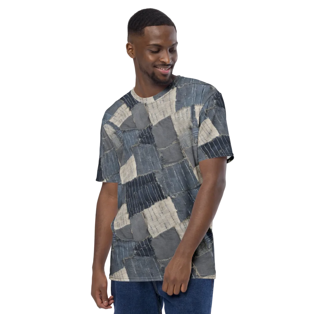 Indigo Mending on Men's Crew Neck T-Shirt — Left