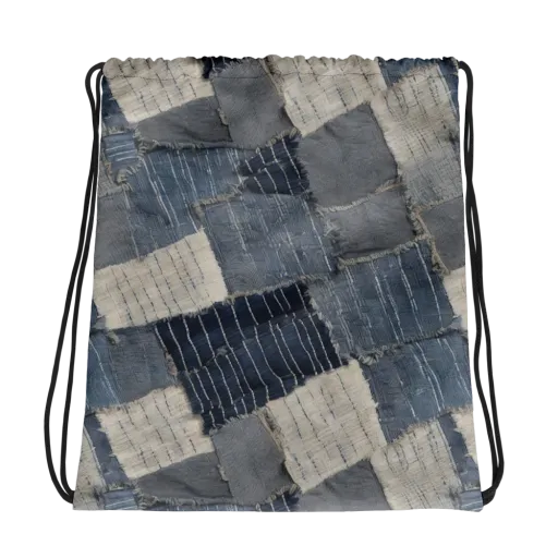 Indigo Mending on a Drawstring Bag