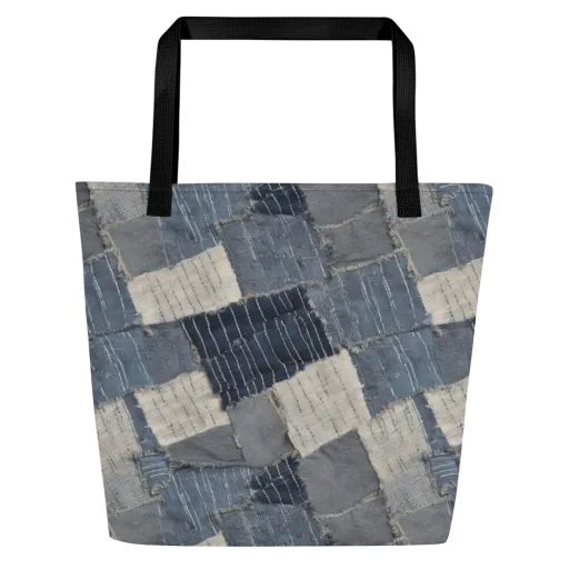 Indigo Mending on a Large Tote Bag W/ Pocket