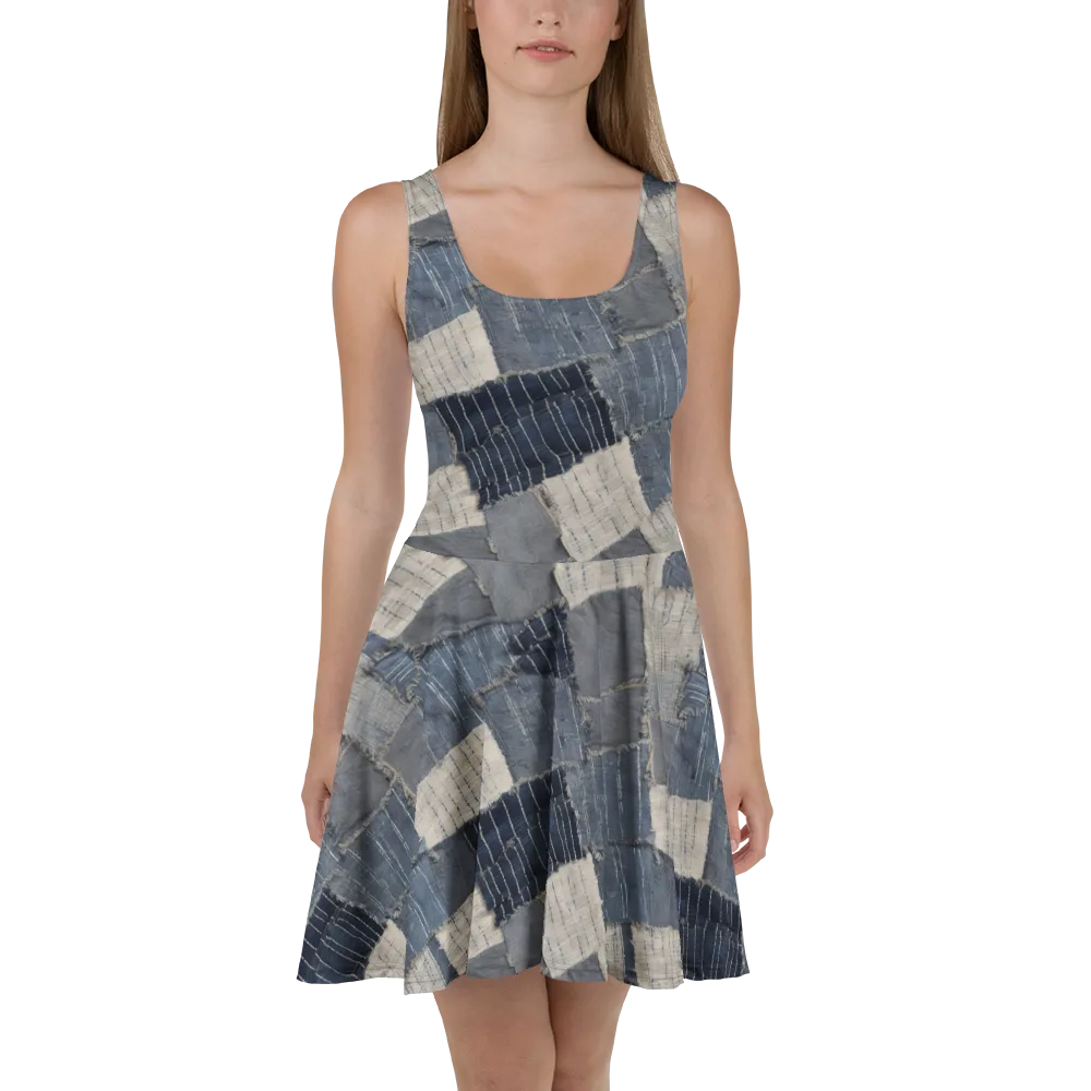 Indigo Mending on Skater Dress — Front