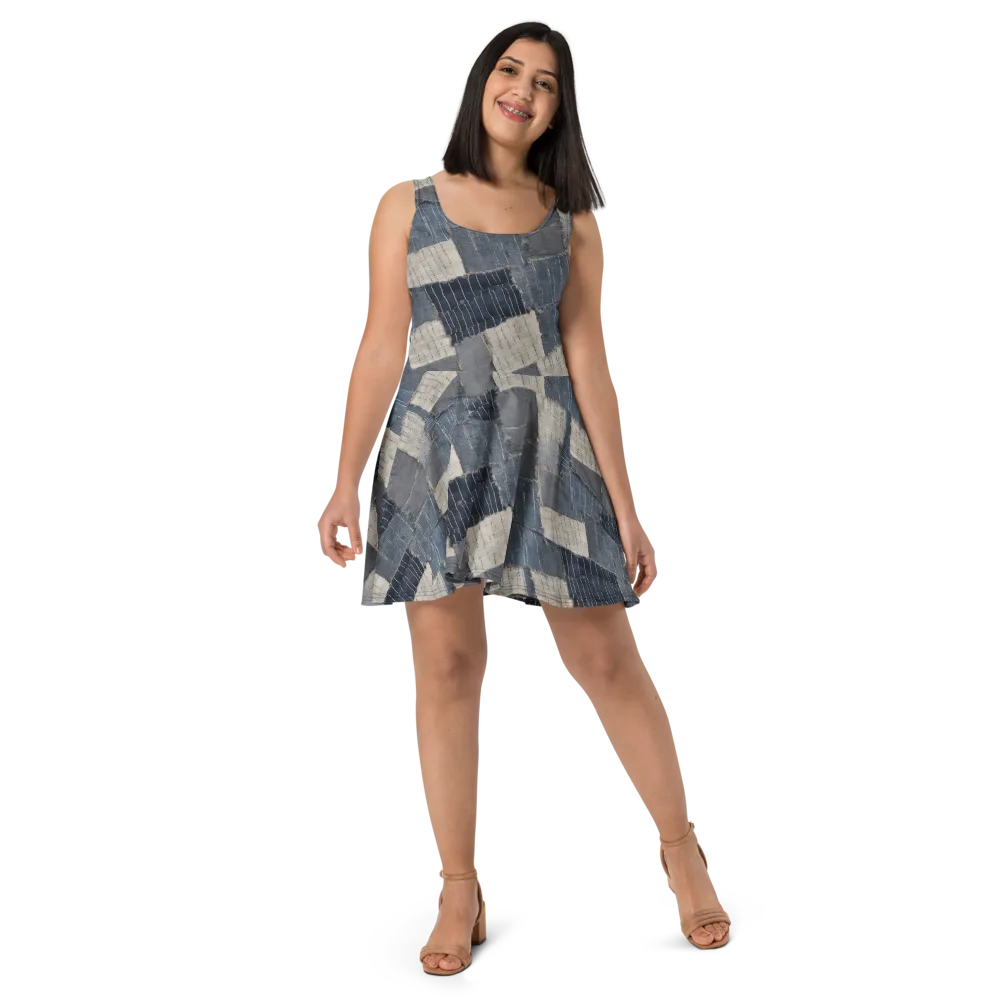 Indigo Mending on Skater Dress — Front
