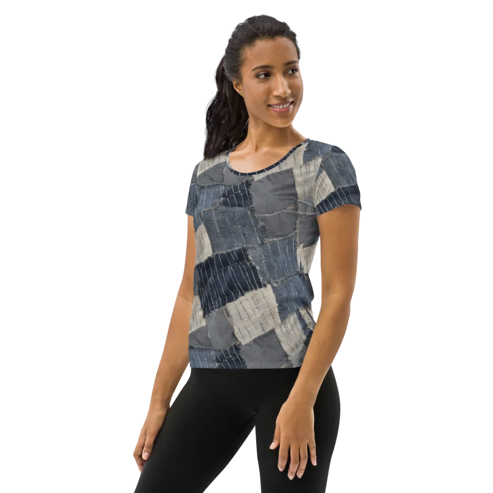 Indigo Mending on Women's Athletic T-Shirt — Left