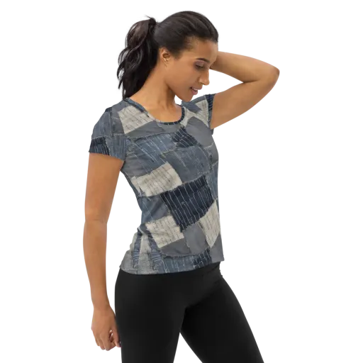 Indigo Mending on a Women's Athletic T-Shirt