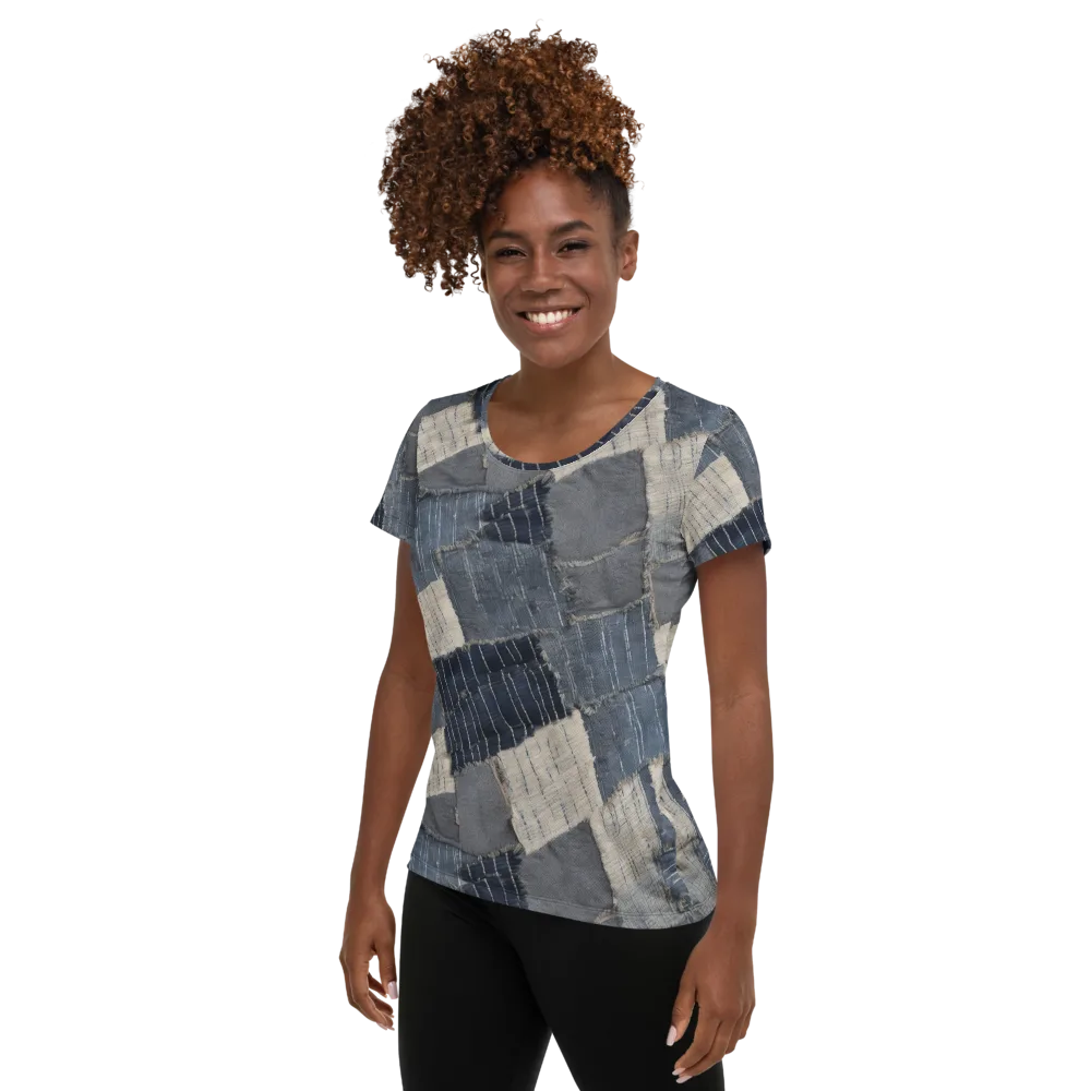 Indigo Mending on Women's Athletic T-Shirt — Left