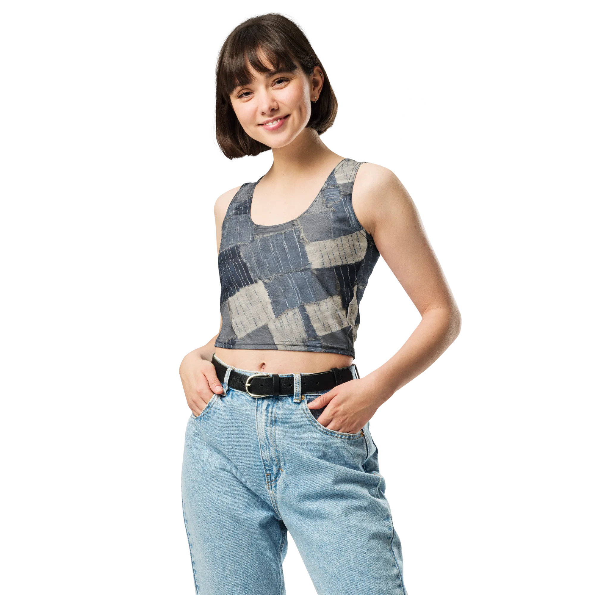 Indigo Mending on Crop Top — Front