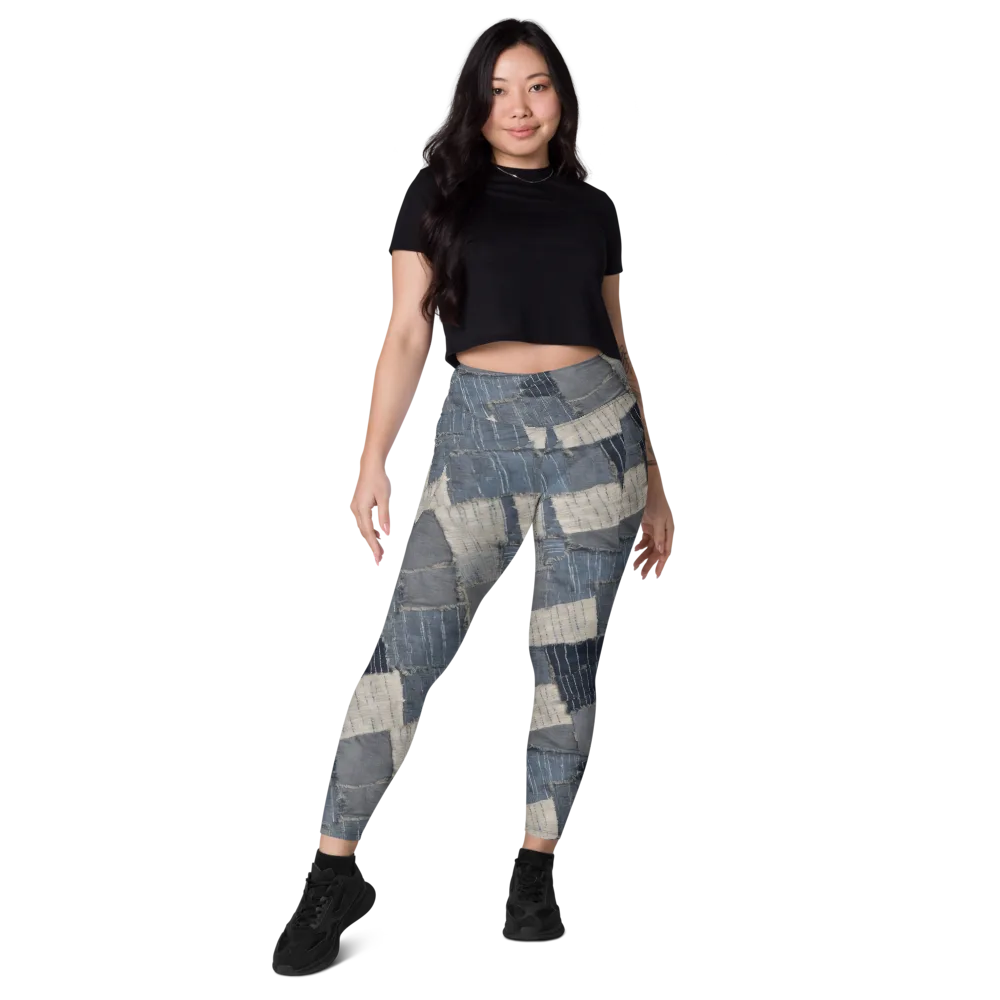Indigo Mending on Leggings with Pockets — Front