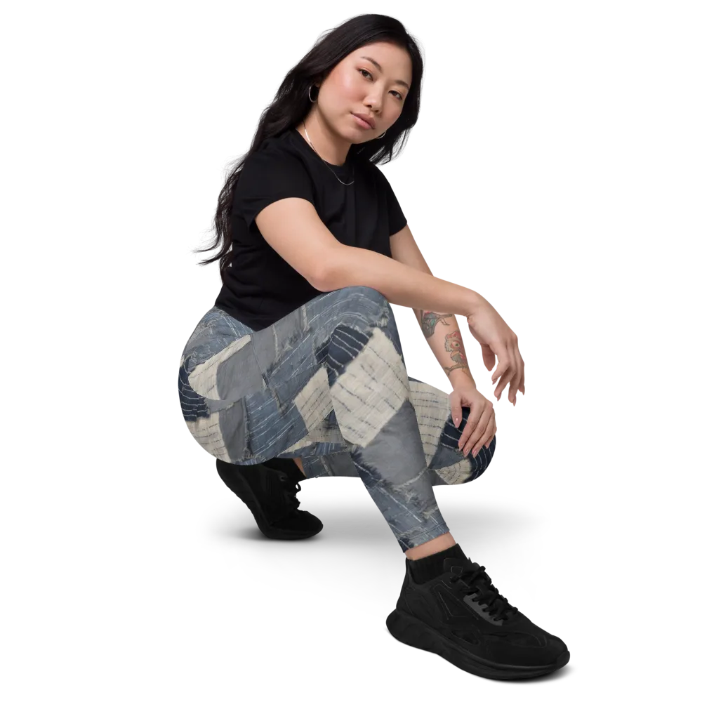Indigo Mending on Leggings with Pockets — Right Front