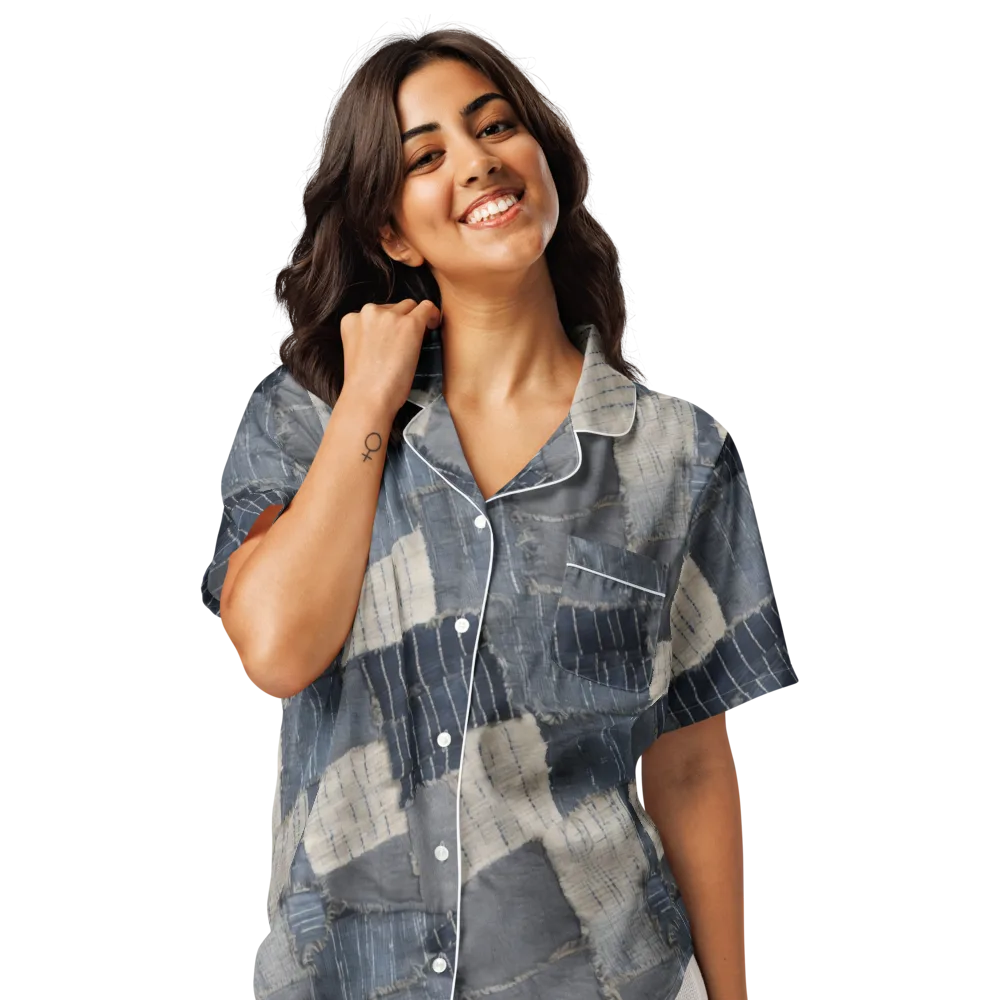 Indigo Mending on Women's Short Sleeve Pajama Top — Front