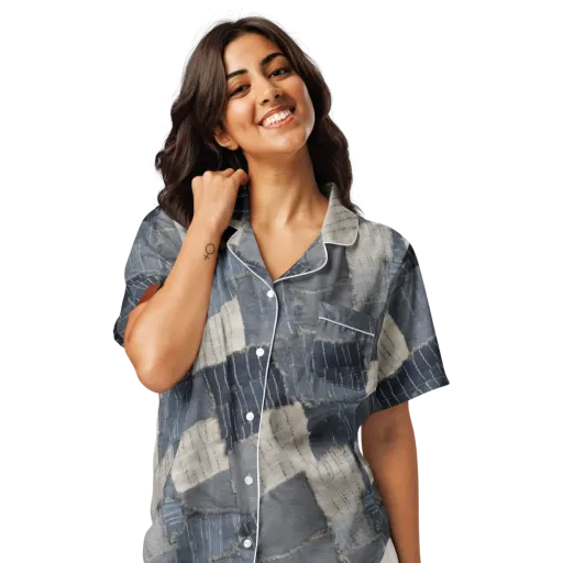 Indigo Mending on a Women's Short Sleeve Pajama Top