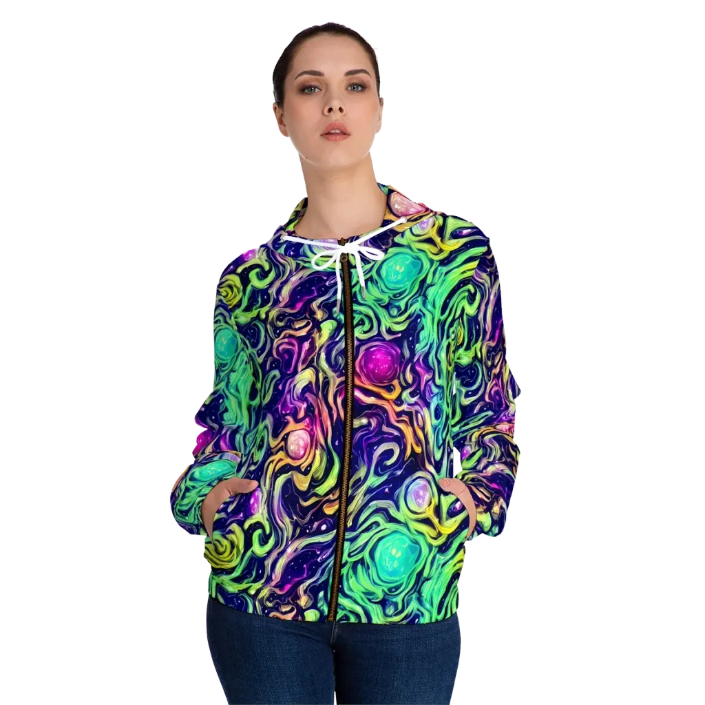 Stellar Psychedelia on Women's Full-Zip Hoodie — Front On Person