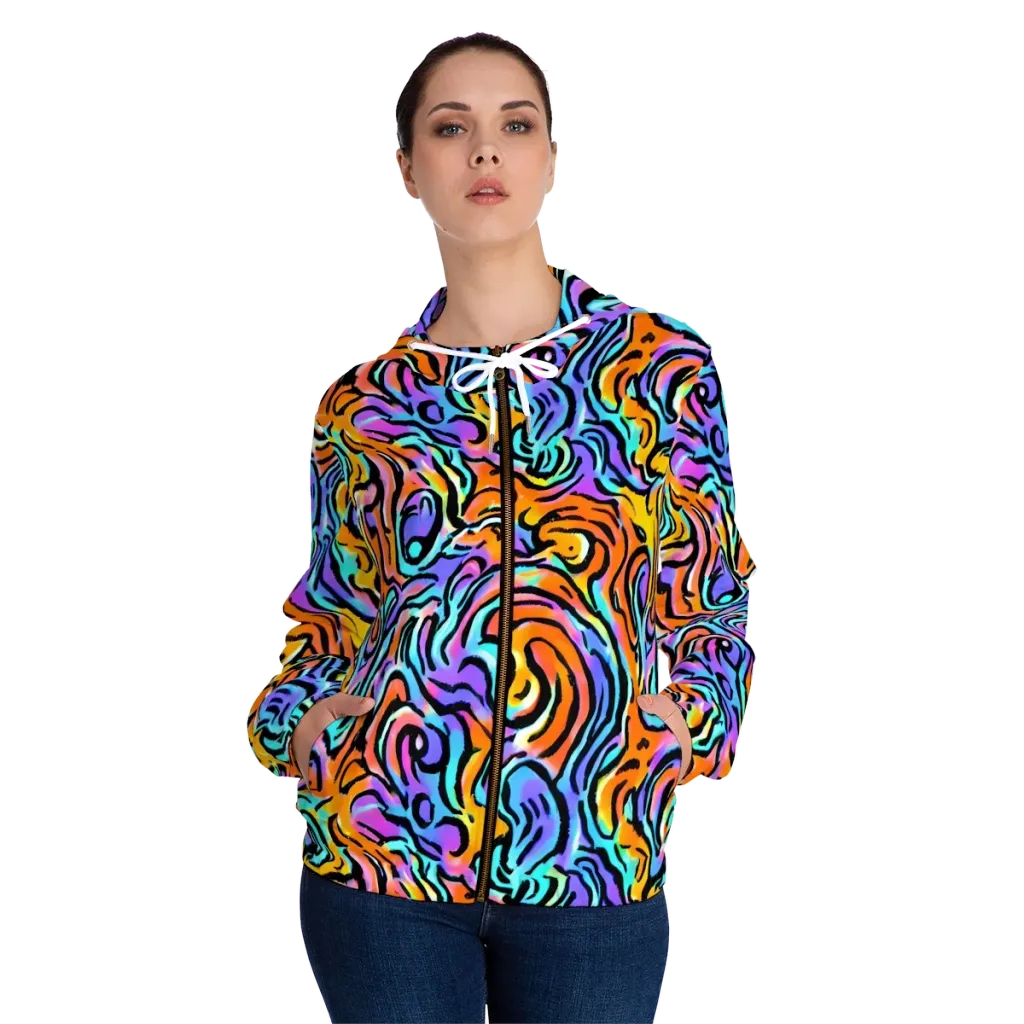 Hypercolor Waves on Women's Full-Zip Hoodie — Front On Person