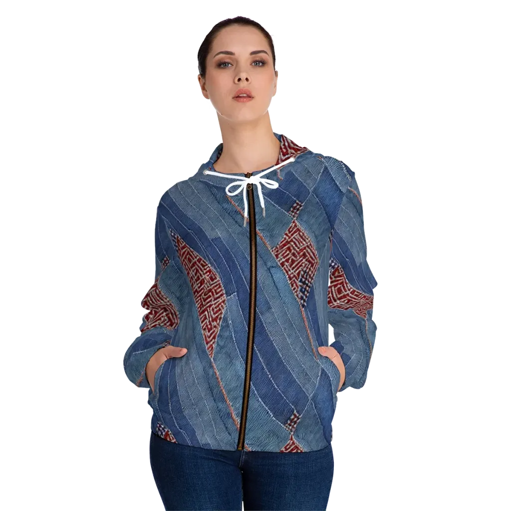 Denim Labyrinth on Women's Full-Zip Hoodie — Front On Person
