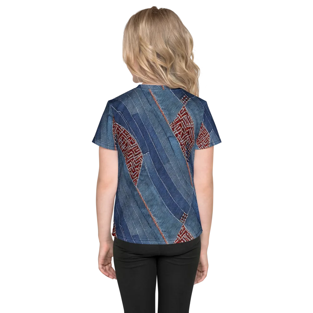 Denim Labyrinth on Kids Crew Neck T-Shirt — Back