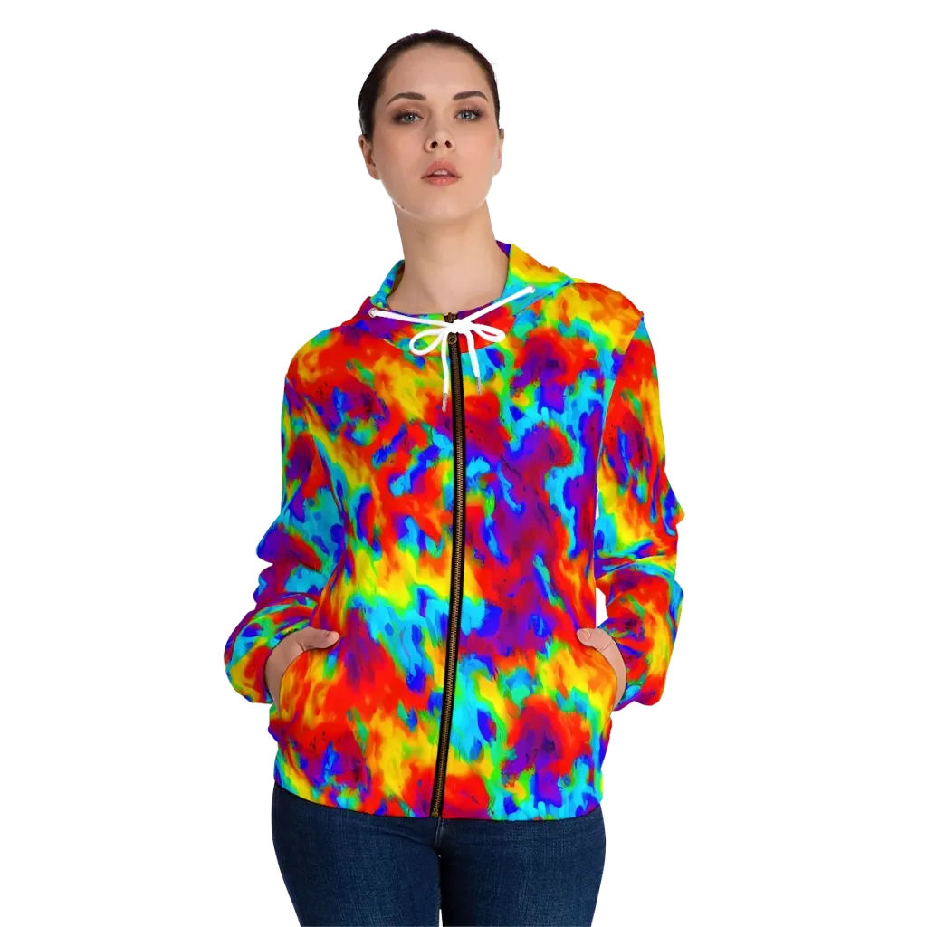 Flame Spectrum on Women's Full-Zip Hoodie — Front On Person