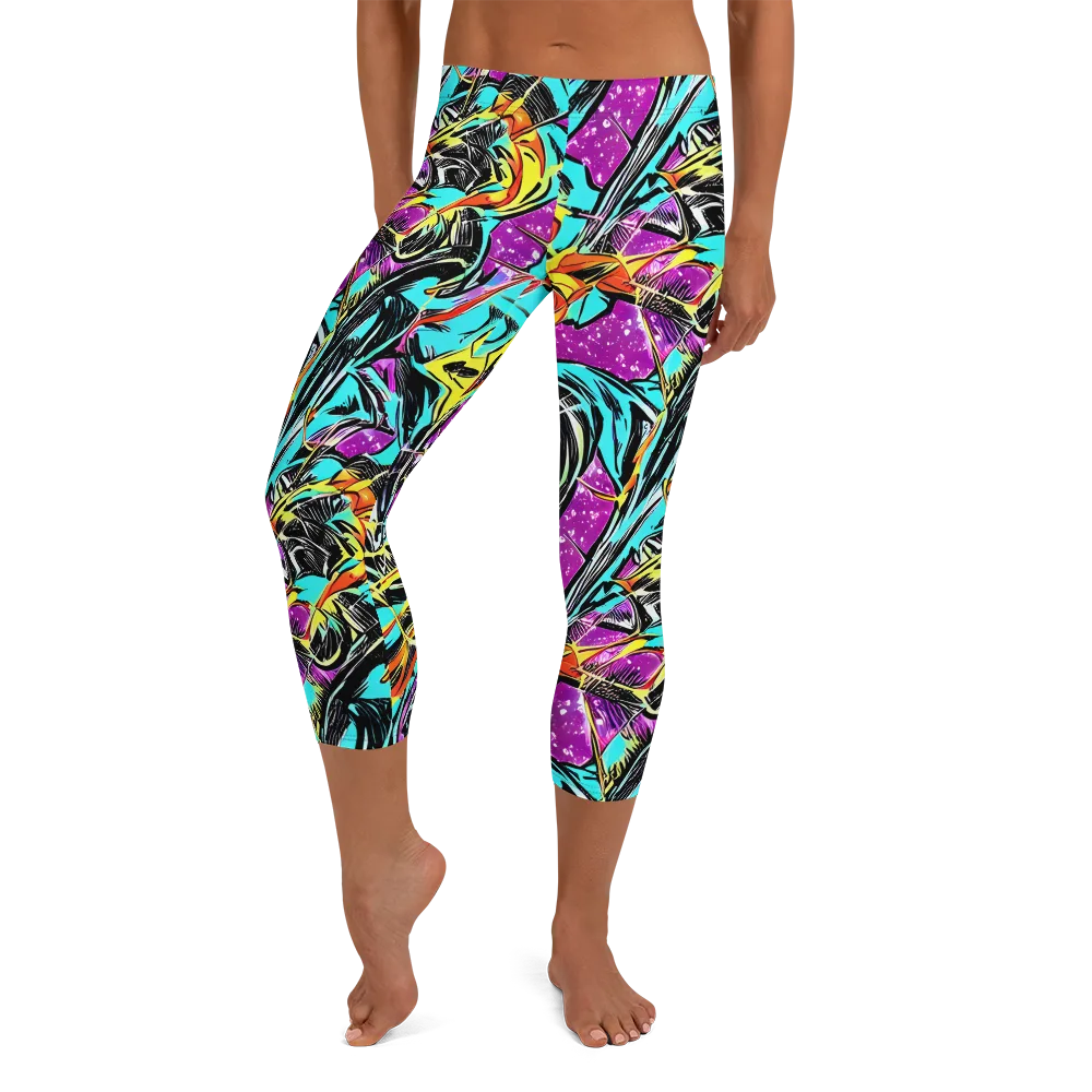 Turquoise Riot on Capri Leggings — Front