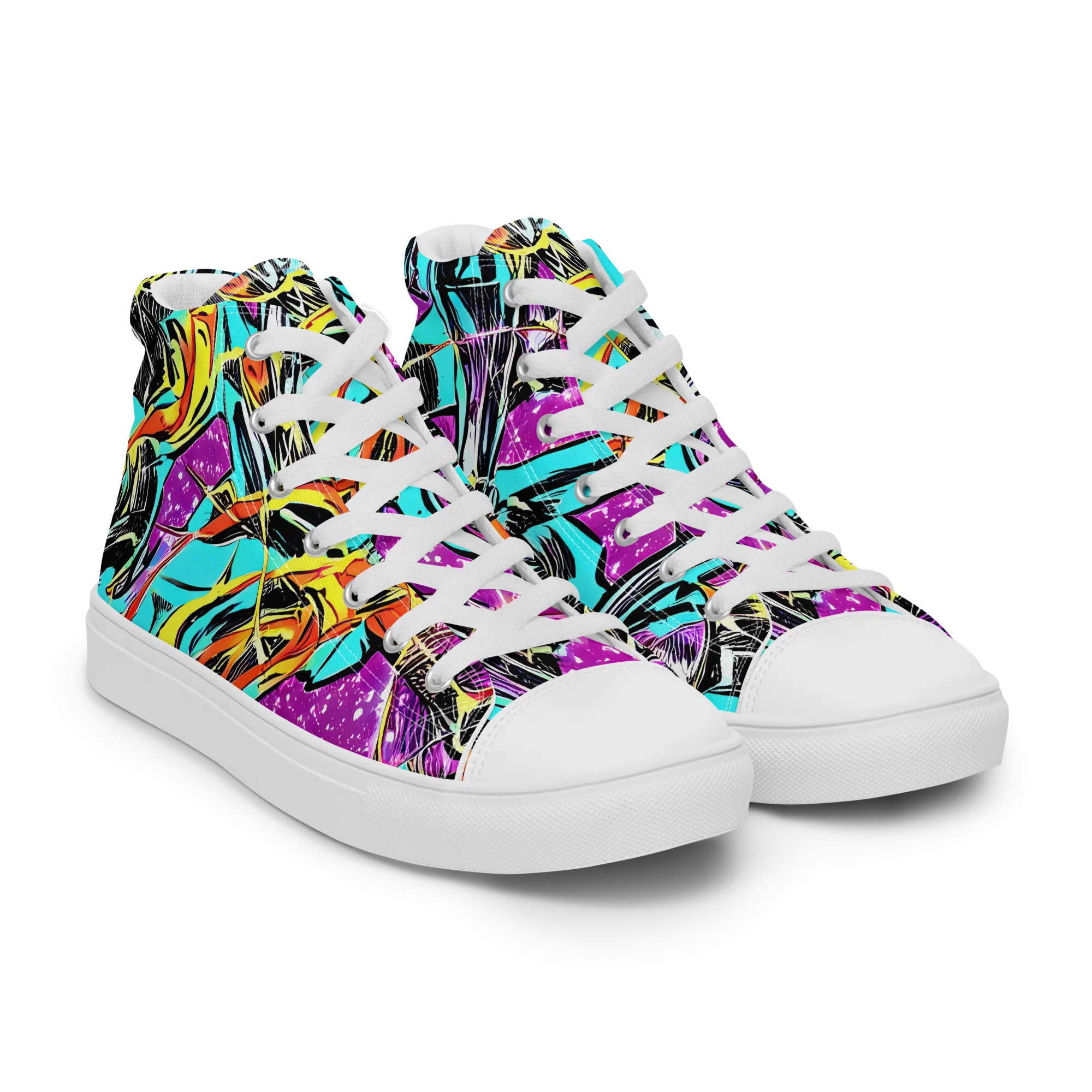Turquoise Riot on Men's High Top Canvas Shoes — Right Front