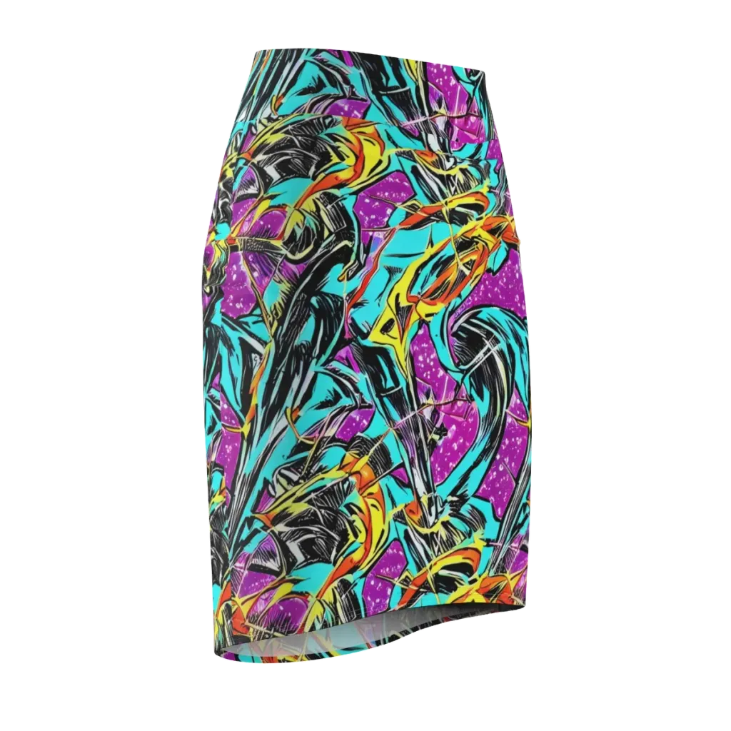 Turquoise Riot on Pencil Skirt — Front Side