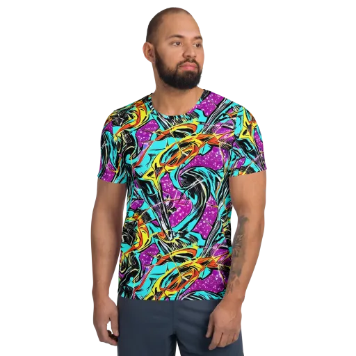 Turquoise Riot on a Men's Athletic T-Shirt