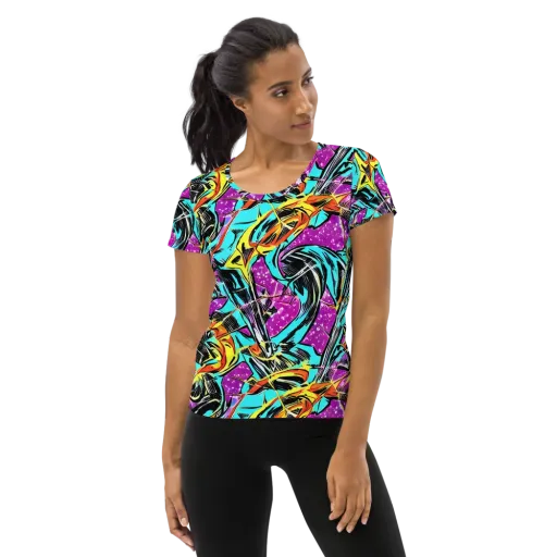 Turquoise Riot on a Women's Athletic T-Shirt