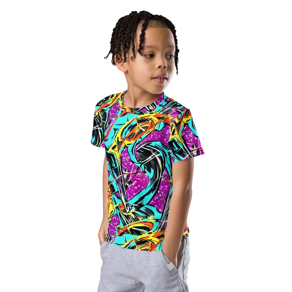 Turquoise Riot on Kids Crew Neck T-Shirt — Left Front