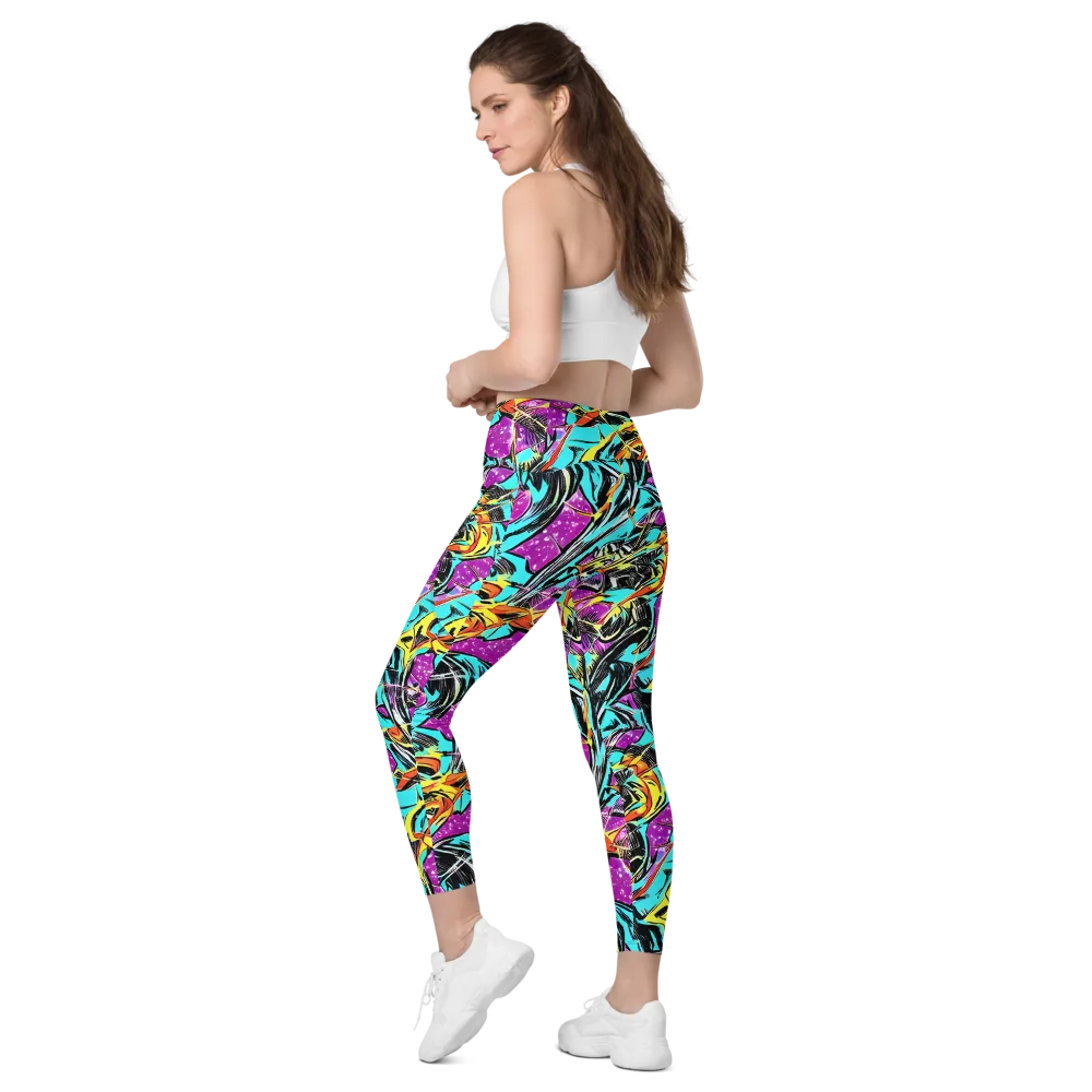 Turquoise Riot on Leggings with Pockets — Left Back