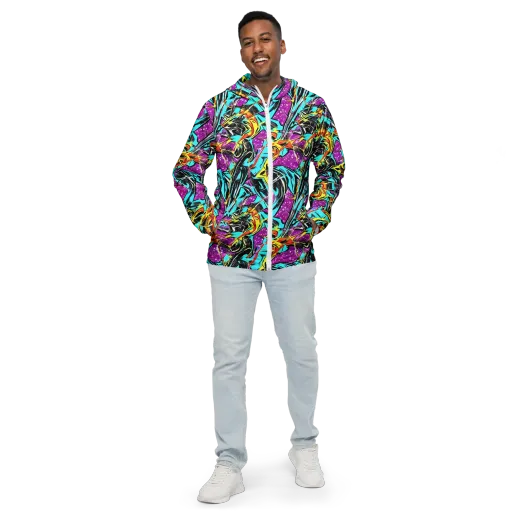 Turquoise Riot on a Men's Windbreaker
