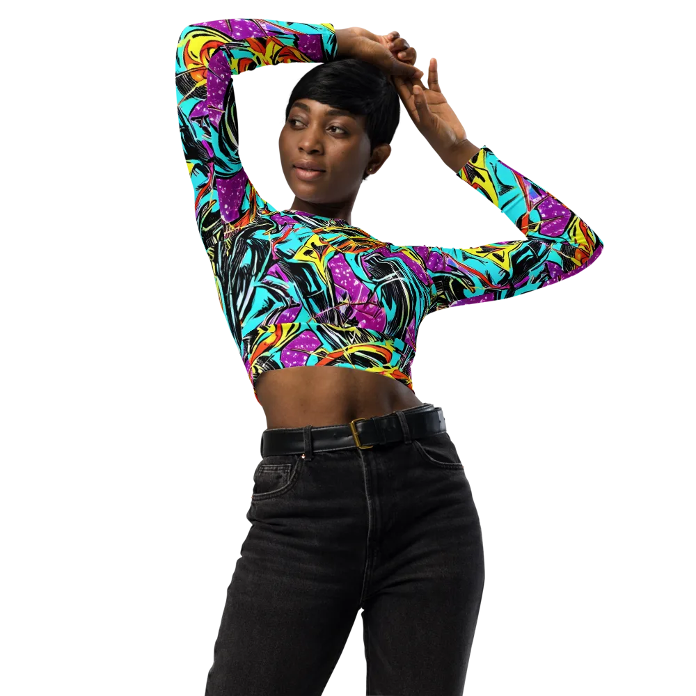 Turquoise Riot on Long Sleeve Crop Top — Front