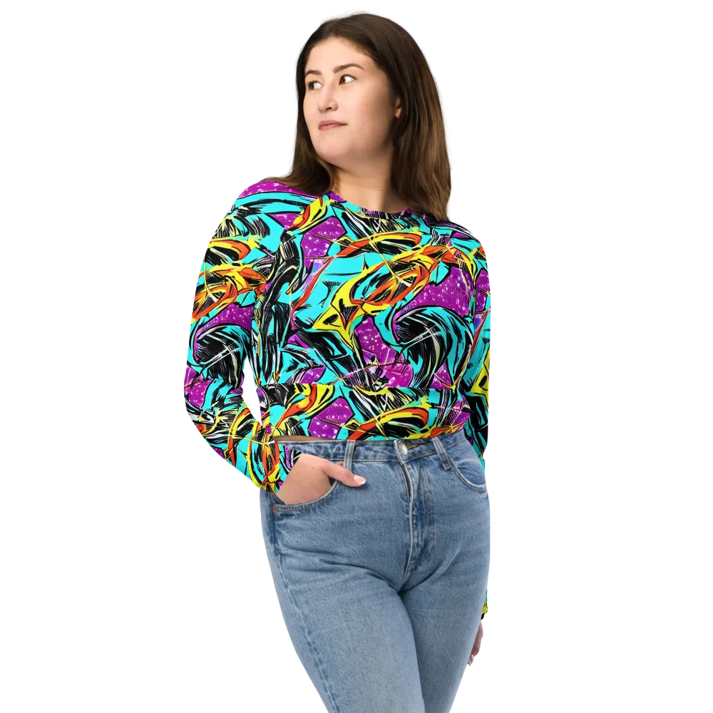 Turquoise Riot on Long Sleeve Crop Top — Front