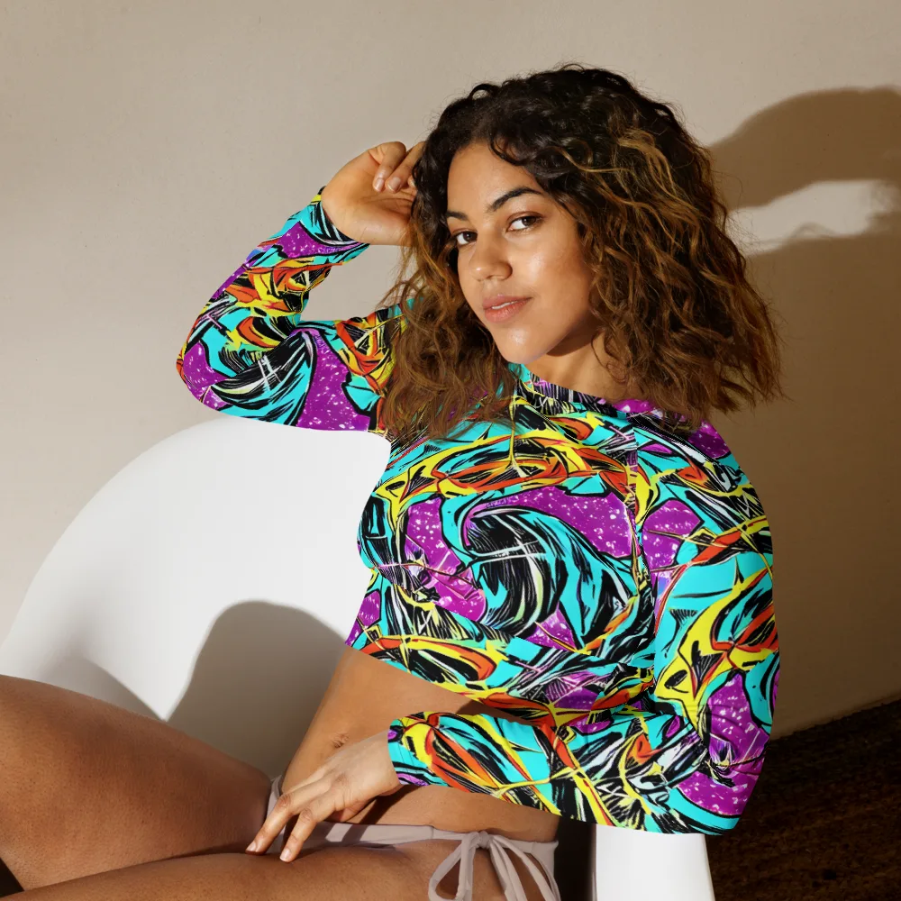 Turquoise Riot on Long Sleeve Crop Top — Left Front