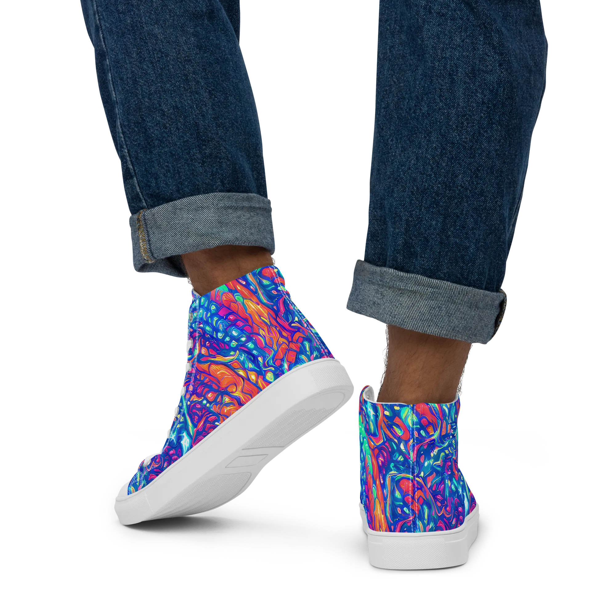 Fluorescent Riptide on Men's High Top Canvas Shoes — Back