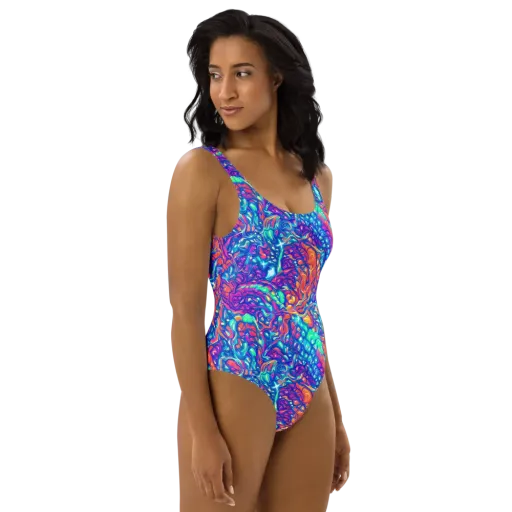 Fluorescent Riptide on a One-Piece Swimsuit