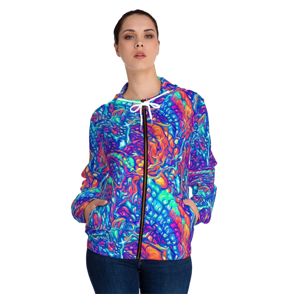 Fluorescent Riptide on Women's Full-Zip Hoodie — Front On Person