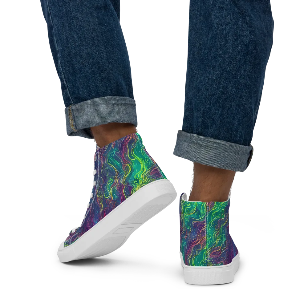 Neon Eddies on Men's High Top Canvas Shoes — Back