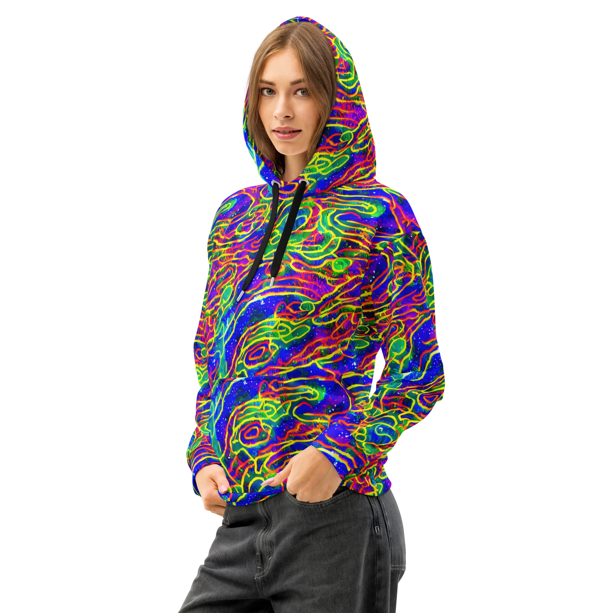 Neon Bioluminescence on Cotton Hoodie — Left Front