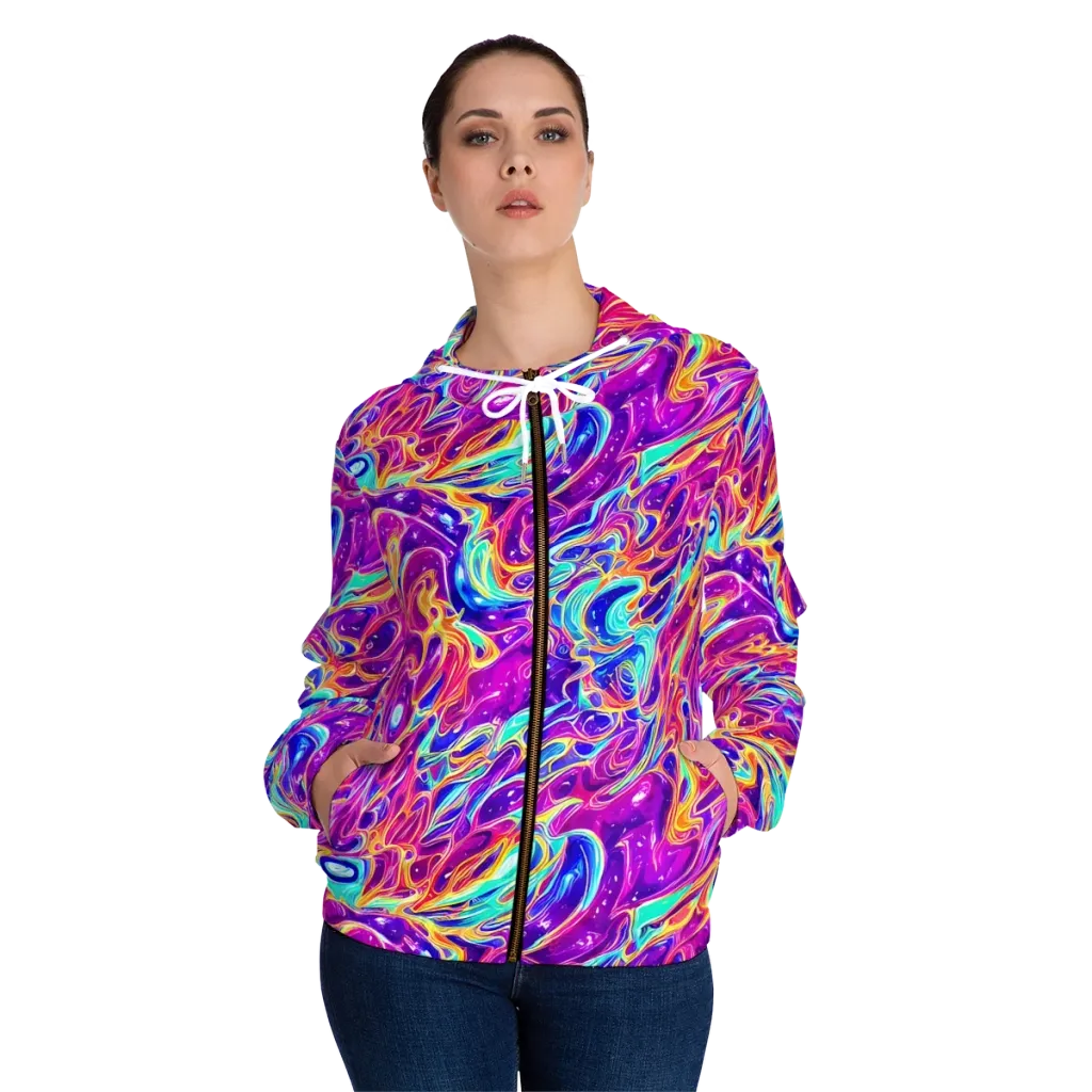 Fuchsia Fury on Women's Full-Zip Hoodie — Front On Person