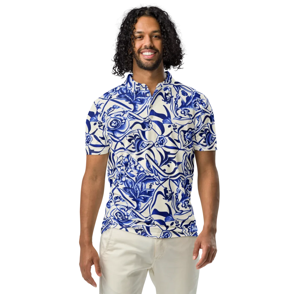 Cobalt Chinoiserie on Men's Slim Fit Polo Shirt — Front