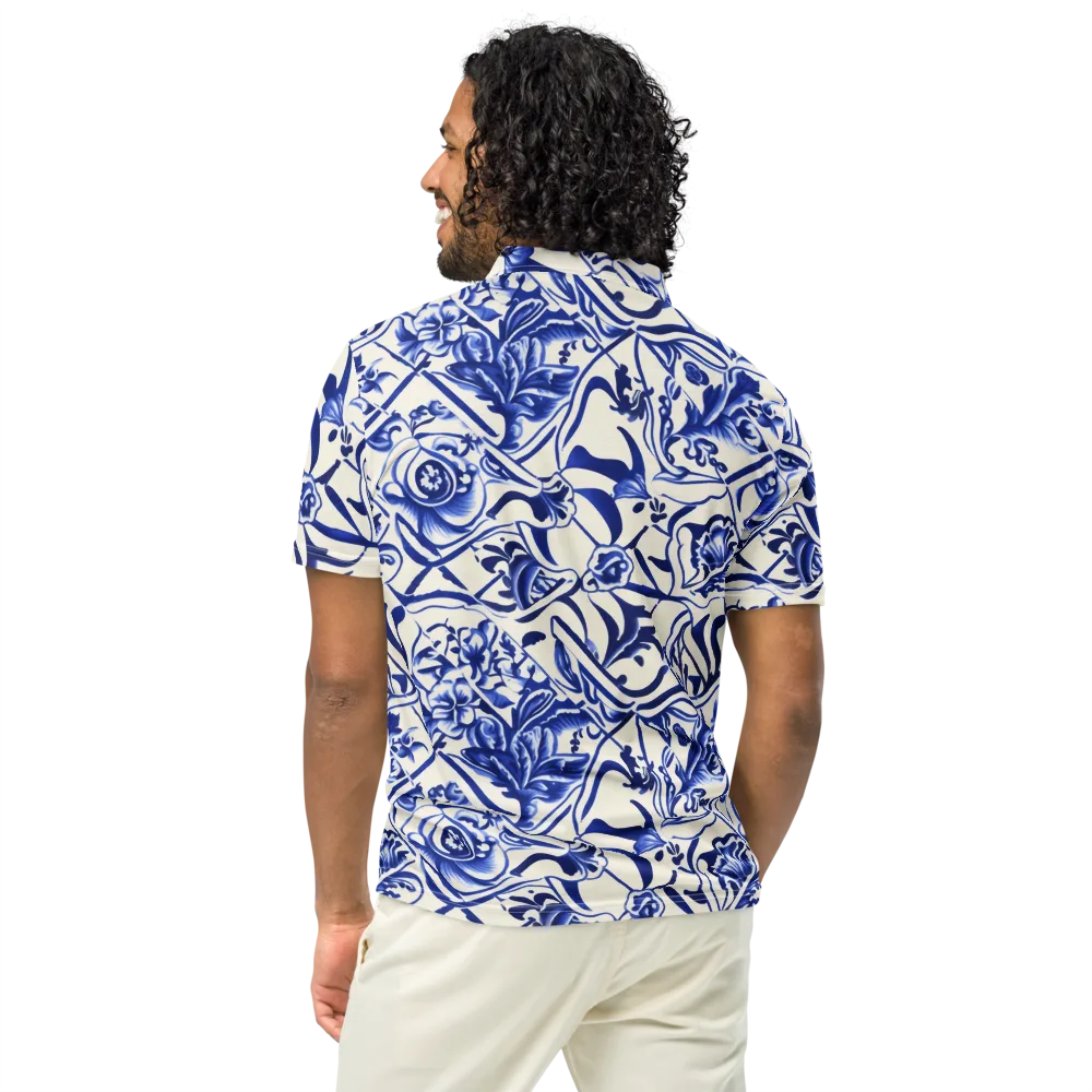 Cobalt Chinoiserie on Men's Slim Fit Polo Shirt — Back