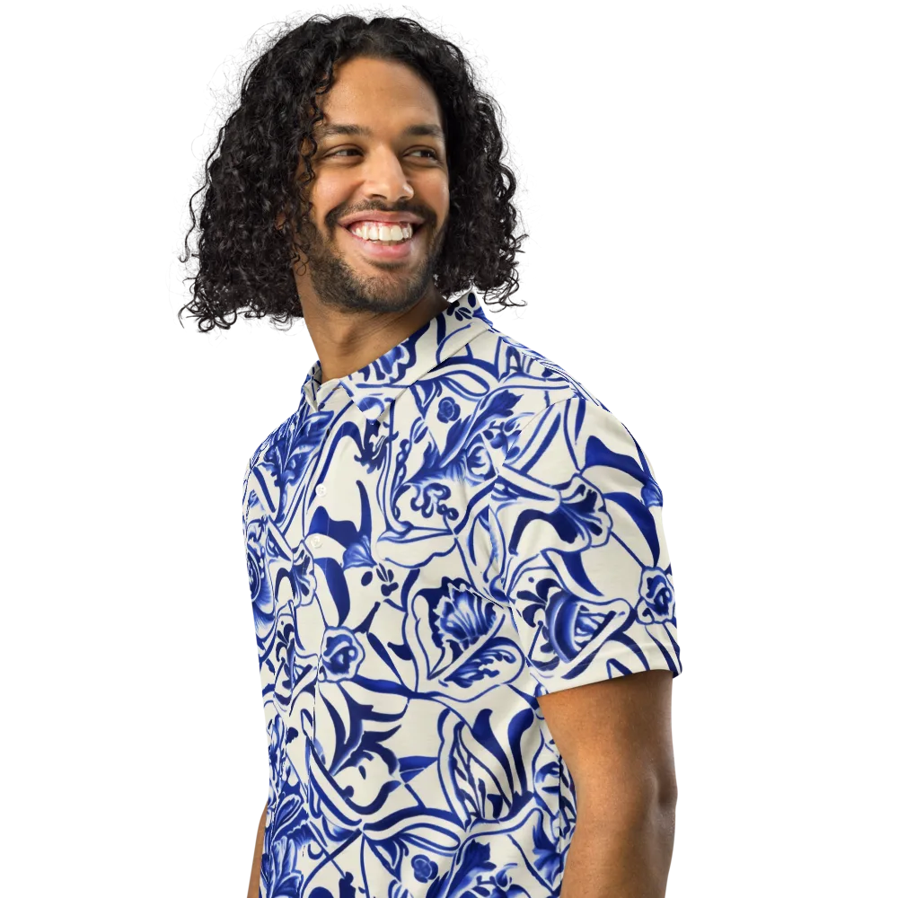 Cobalt Chinoiserie on Men's Slim Fit Polo Shirt — Left Front