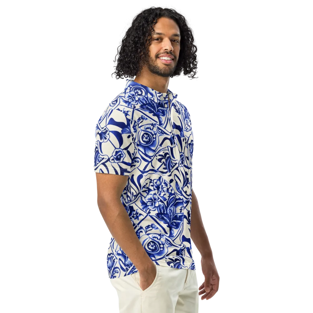 Cobalt Chinoiserie on Men's Slim Fit Polo Shirt — Right Front
