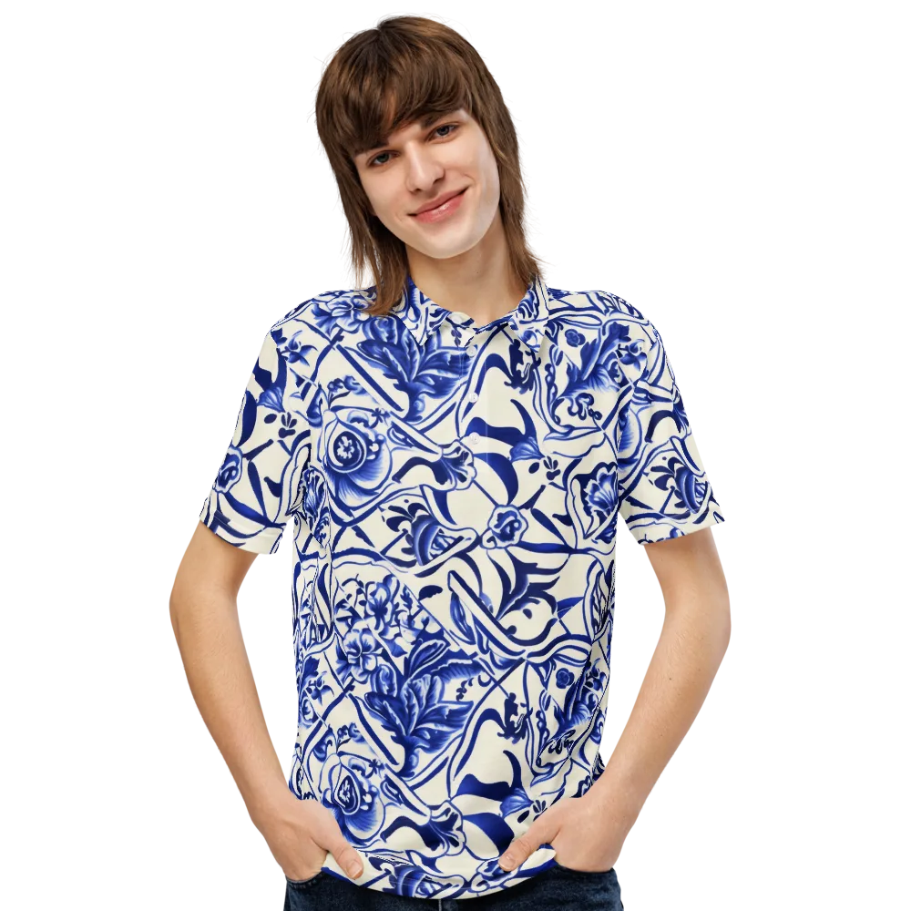 Cobalt Chinoiserie on Men's Slim Fit Polo Shirt — Front