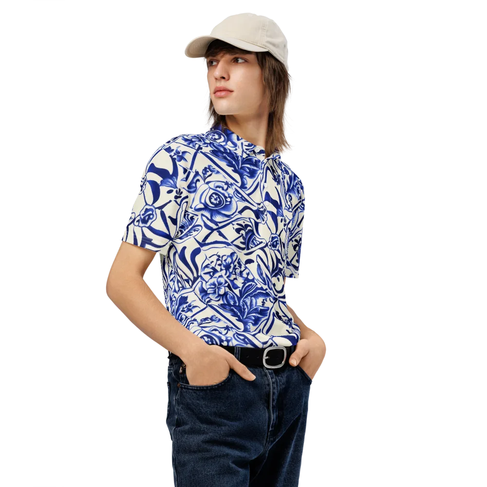 Cobalt Chinoiserie on Men's Slim Fit Polo Shirt — Right Front