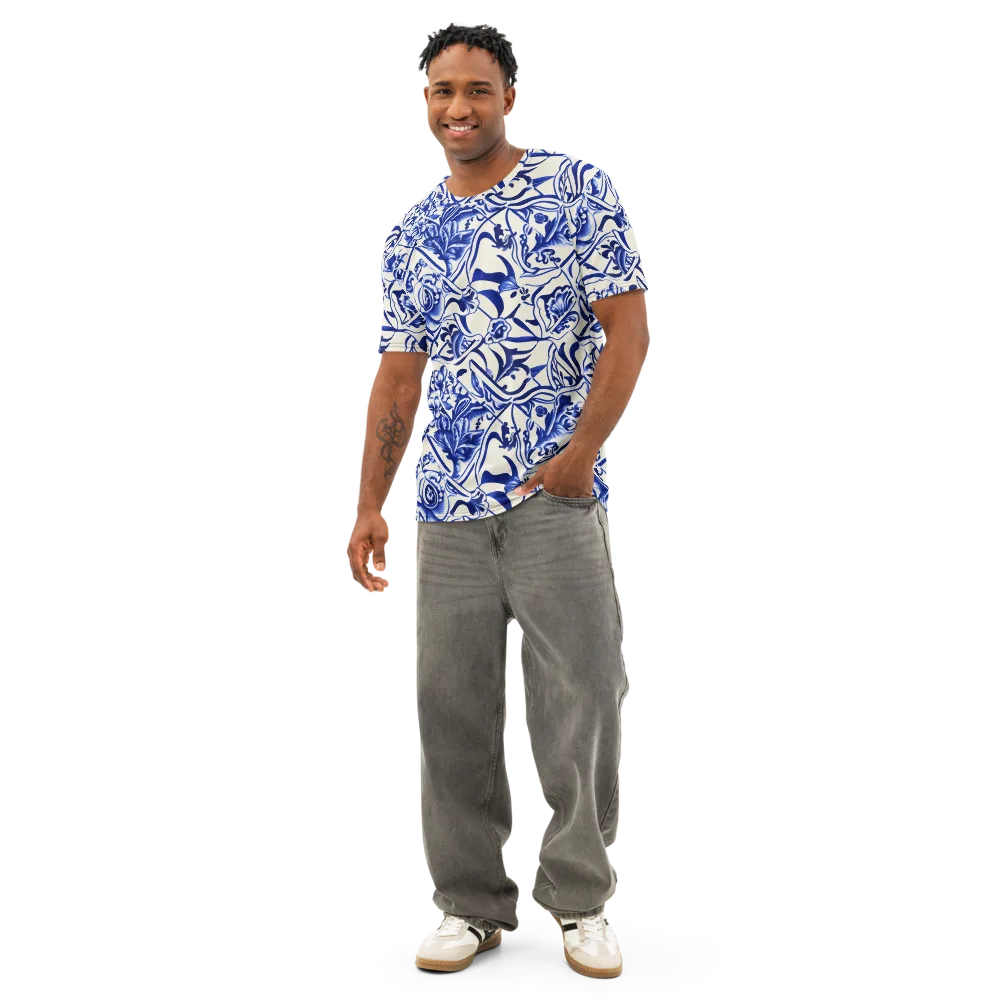 Cobalt Chinoiserie on Men's Cotton Crew Neck T-Shirt — Front