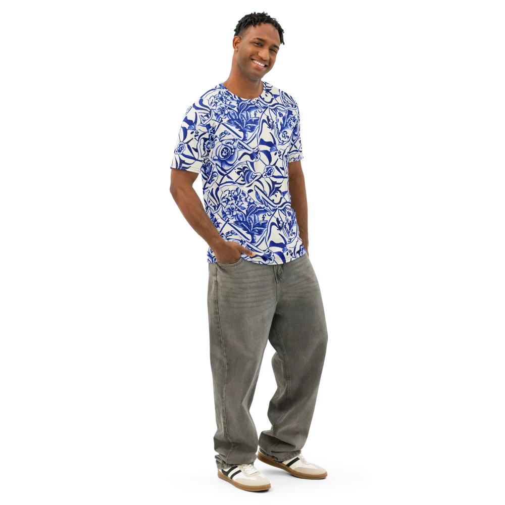 Cobalt Chinoiserie on Men's Cotton Crew Neck T-Shirt — Right Front