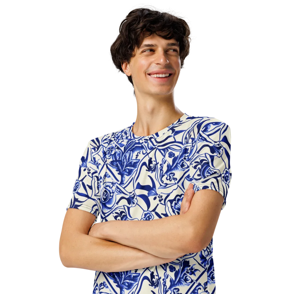 Cobalt Chinoiserie on Men's Crew Neck T-Shirt — Left Front