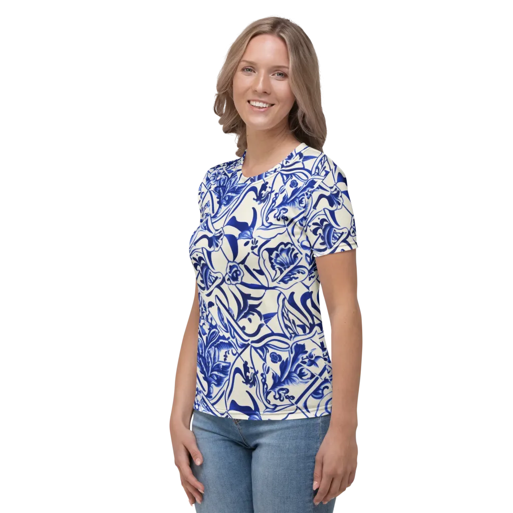 Cobalt Chinoiserie on Women's Crew Neck T-Shirt — Left