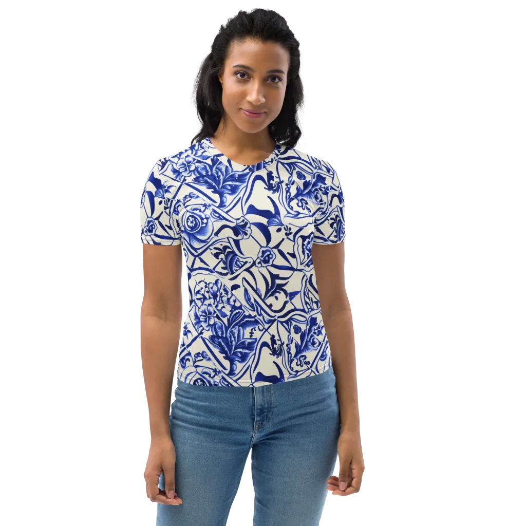 Cobalt Chinoiserie on Women's Crew Neck T-Shirt — Front