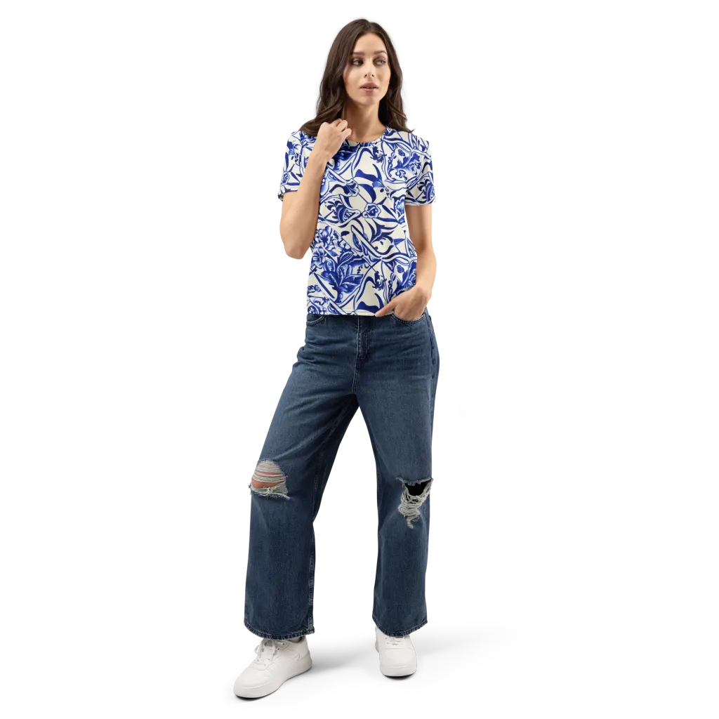 Cobalt Chinoiserie on Women's Crew Neck T-Shirt — Front