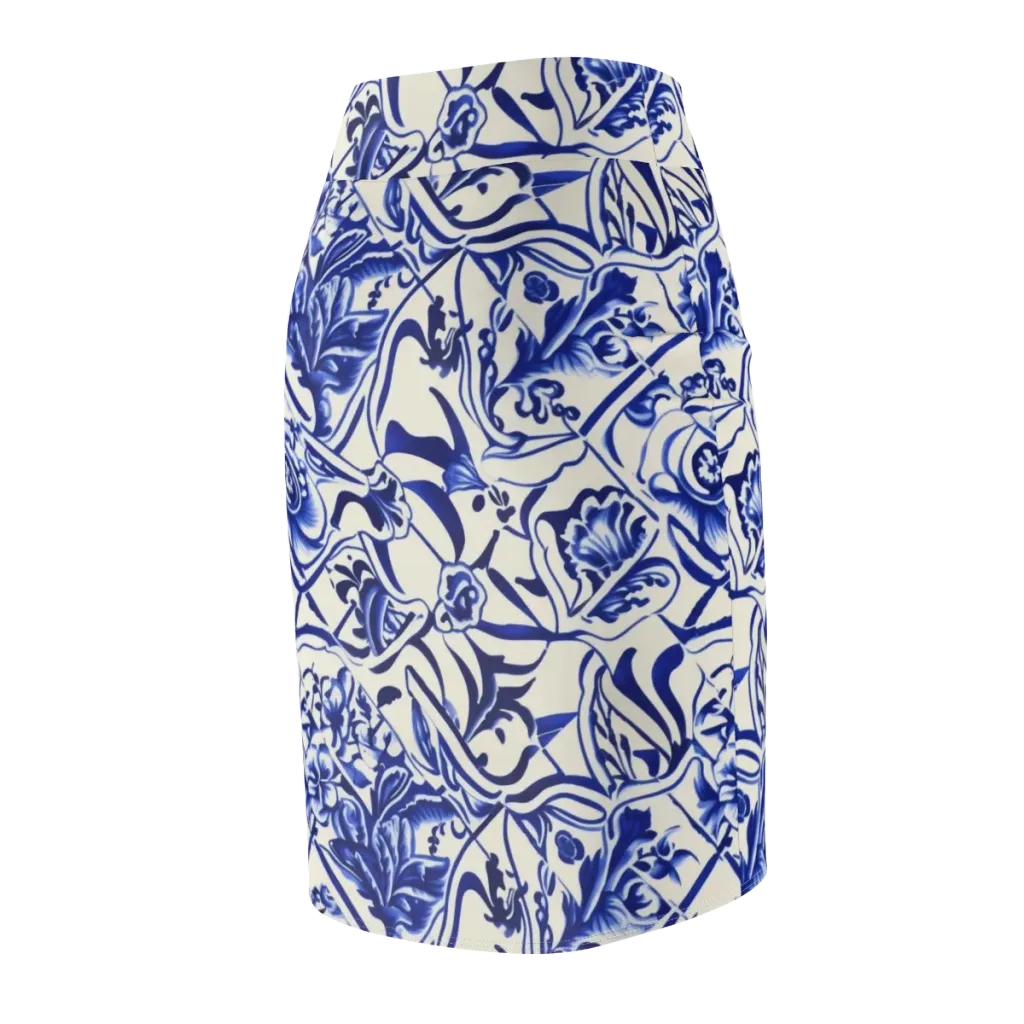 Cobalt Chinoiserie on Pencil Skirt — Back Side