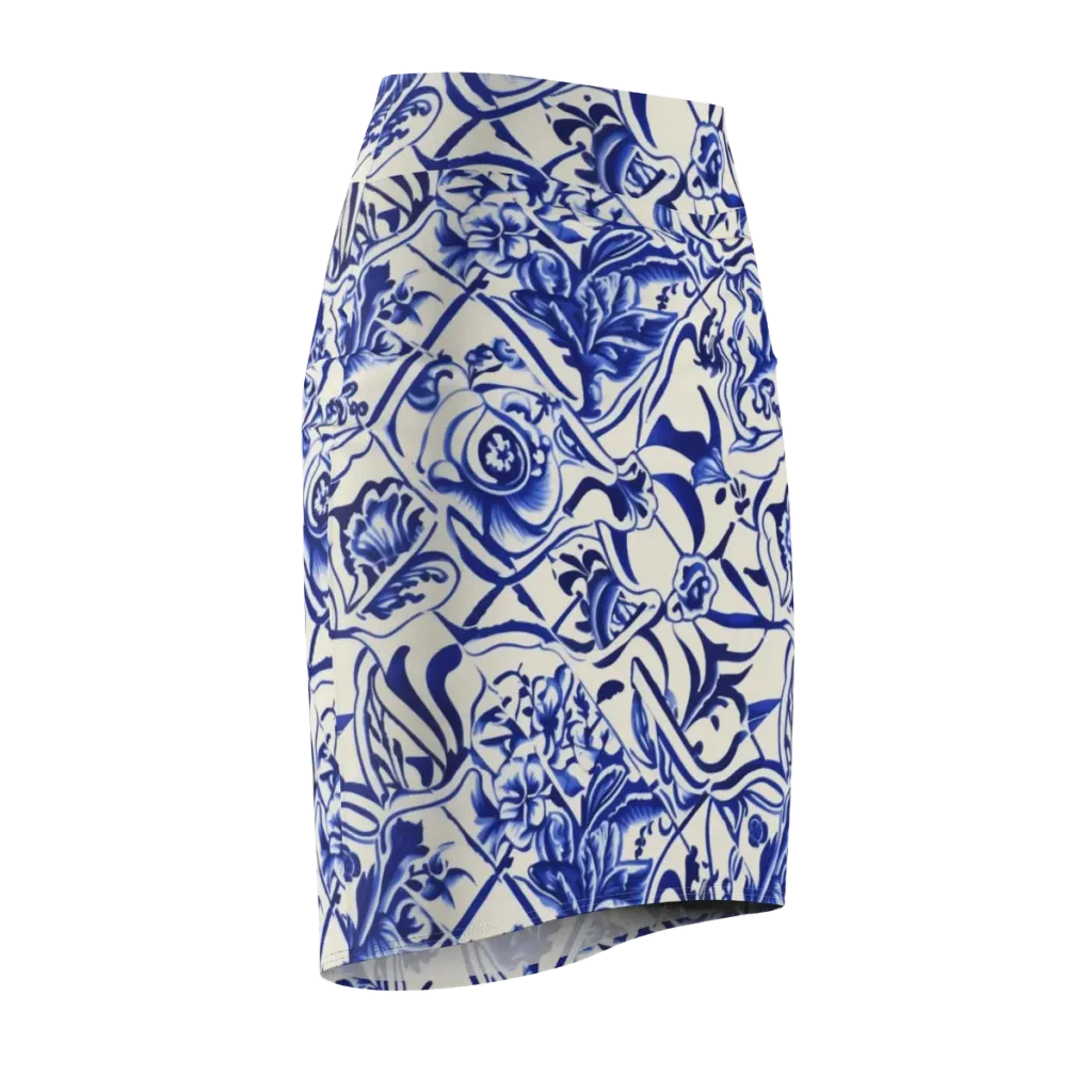 Cobalt Chinoiserie on Pencil Skirt — Front Side
