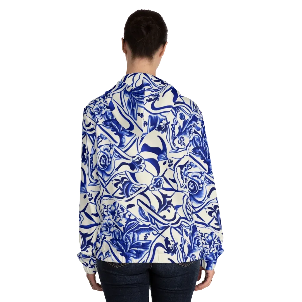 Cobalt Chinoiserie on Women's Full-Zip Hoodie — Back On Person